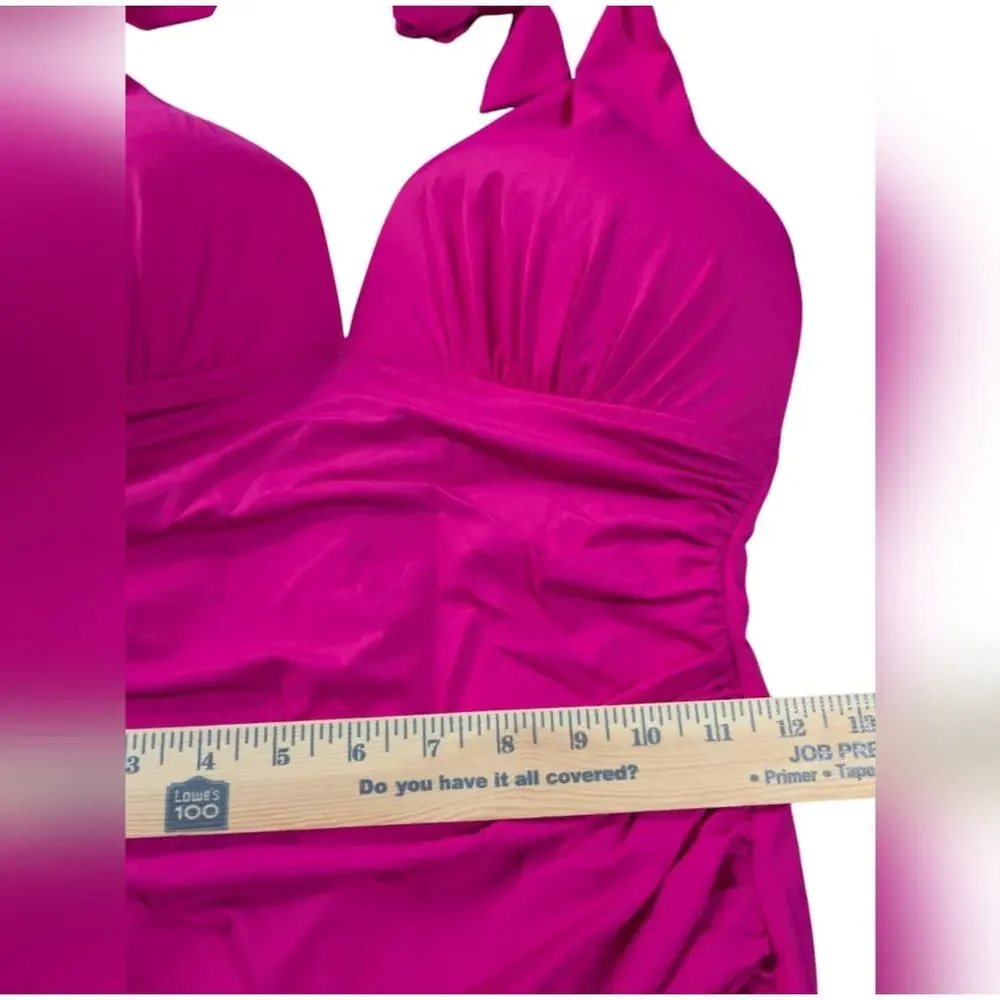 Lauren Ralph Women's One Piece Swimsuit Pink Beach Club Halter Tummy Control